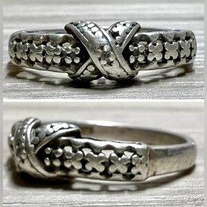 Vintage Handmade Designer R Sterling Silver Diamond Crossover X Ring, Size 7.75